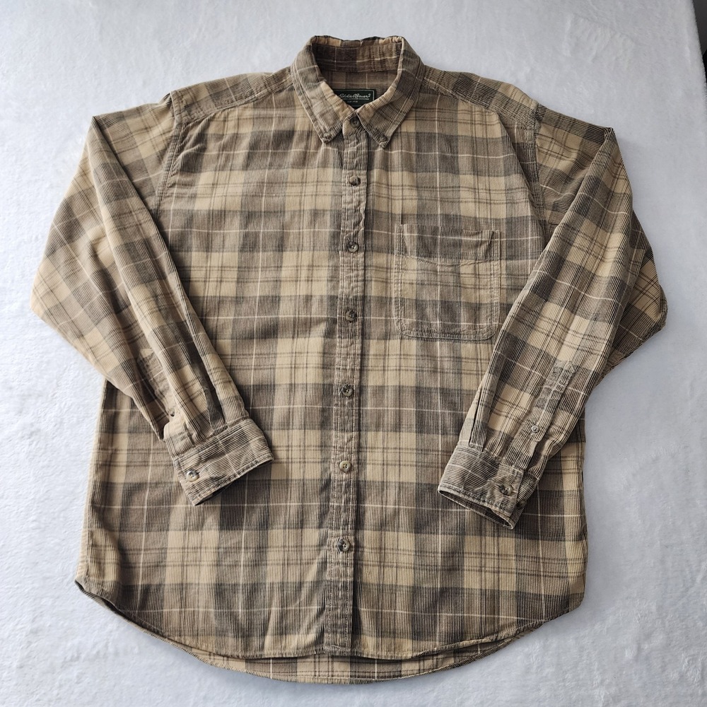 Eddie Bauer Corduroy Shirt Mens Medium Brown Plaid Long Sleeve Grunge Indie Alt